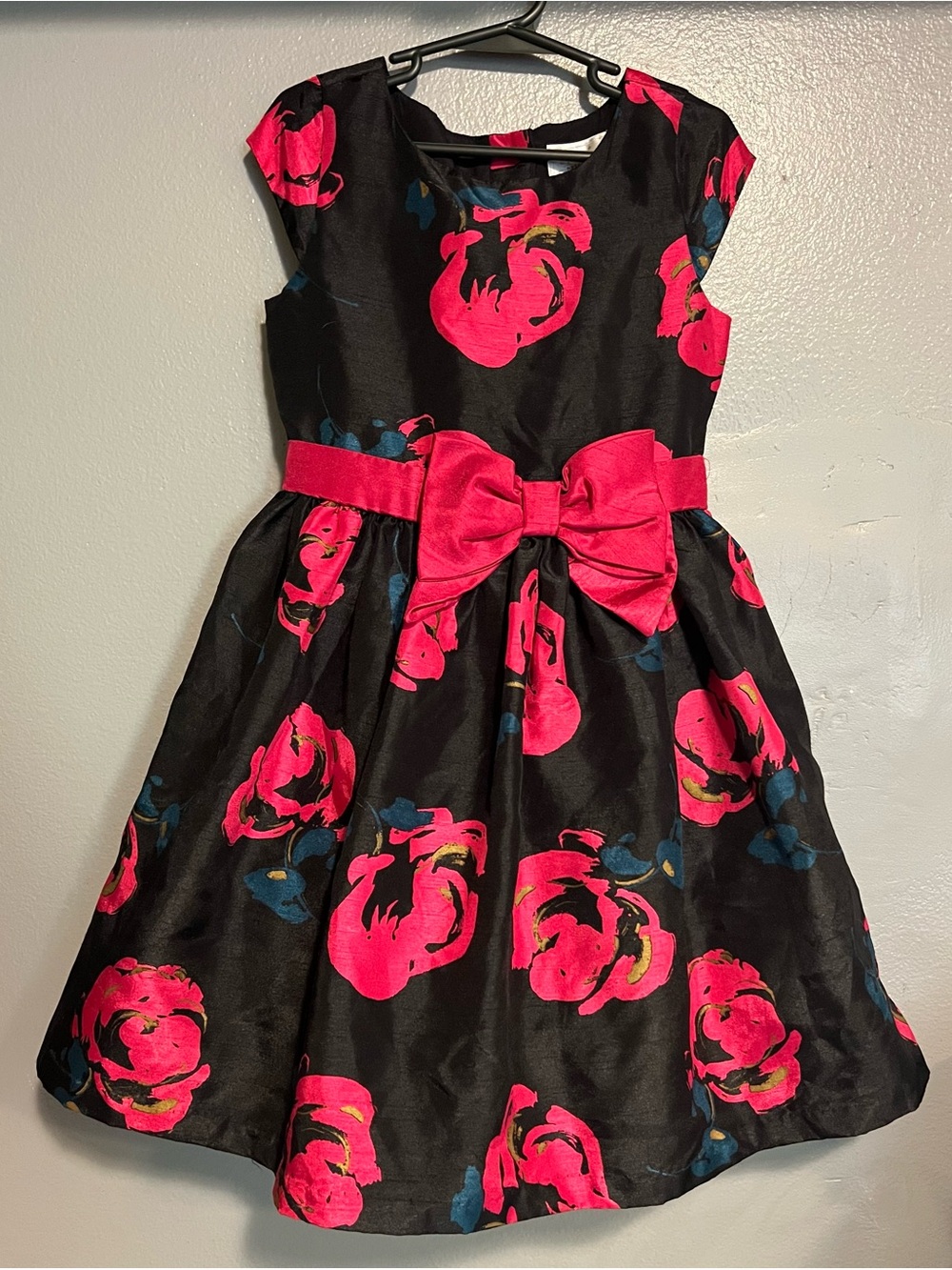 Gymboree Black Dress with Hot Pink Floral Print and Pink Bow